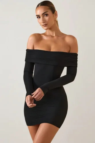 Rochie mini cu umeri decupați Oriana din modal, negru Rochie mini cu umeri decupați Oriana din modal, negru