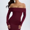 Rochie mini cu umeri decupați Oriana Modal, în culoarea roșu vin