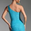 Rochie mini cu un umăr, cu ornamente, Zahira, în albastru aqua Rochie mini cu un umăr, cu ornamente, Zahira, în albastru aqua
