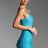 Rochie mini cu un umăr, cu ornamente, Zahira, în albastru aqua Rochie mini cu un umăr, cu ornamente, Zahira, în albastru aqua