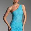 Rochie mini cu un umăr, cu ornamente, Zahira, în albastru aqua Rochie mini cu un umăr, cu ornamente, Zahira, în albastru aqua