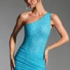 Rochie mini cu un umăr, cu ornamente, Zahira, în albastru aqua Rochie mini cu un umăr, cu ornamente, Zahira, în albastru aqua