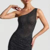 Rochie mini cu un umăr, cu ornamente, Zahira, negru Rochie mini cu un umăr, cu ornamente, Zahira, negru