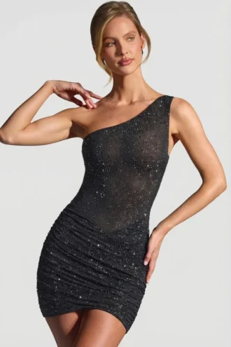 Rochie mini cu un umăr, cu ornamente, Zahira, negru