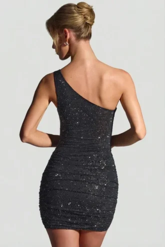 Rochie mini cu un umăr, cu ornamente, Zahira, negru