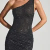 Rochie mini cu un umăr, cu ornamente, Zahira, negru Rochie mini cu un umăr, cu ornamente, Zahira, negru