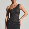 Rochie mini cu un umăr, cu ornamente, Zahira, negru Rochie mini cu un umăr, cu ornamente, Zahira, negru