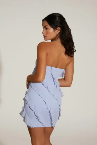 Rochie mini cu volane și decolteu bandeau Tatiana, albastră
