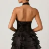 Rochie mini cu volane și gât halter Petalia, în negru Rochie mini cu volane și gât halter Petalia, în negru