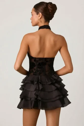 Rochie mini cu volane și gât halter Petalia, în negru