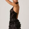 Rochie mini cu volane și gât halter Petalia, în negru Rochie mini cu volane și gât halter Petalia, în negru
