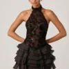 Rochie mini cu volane și gât halter Petalia, în negru Rochie mini cu volane și gât halter Petalia, în negru