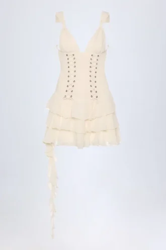 Rochie mini cu volane și șireturi Toren, culoare ivoriu