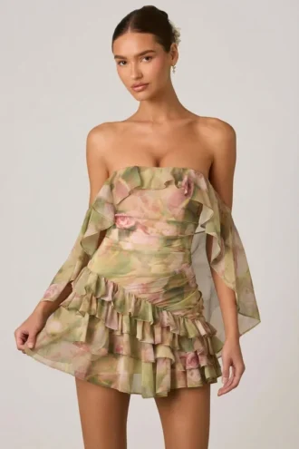 Rochie mini cu volane și umeri decupați Birdie, cu imprimeu floral multicolor