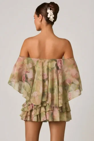 Rochie mini cu volane și umeri decupați Birdie, cu imprimeu floral multicolor