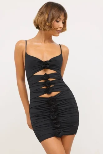 Rochie mini decupată Aniela din jersey elastic cu detalii de trandafiri, în negru