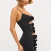 Rochie mini decupată Aniela din jersey elastic cu detalii de trandafiri, în negru Rochie mini decupată Aniela din jersey elastic cu detalii de trandafiri, în negru