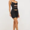 Rochie mini decupată Aniela din jersey elastic cu detalii de trandafiri, în negru Rochie mini decupată Aniela din jersey elastic cu detalii de trandafiri, în negru