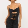 Rochie mini decupată Aniela din jersey elastic cu detalii de trandafiri, în negru Rochie mini decupată Aniela din jersey elastic cu detalii de trandafiri, în negru