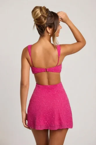 Rochie mini decupată Emilion cu ornamente, în culoarea fucsia