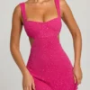 Rochie mini decupată Emilion cu ornamente, în culoarea fucsia Rochie mini decupată Emilion cu ornamente, în culoarea fucsia