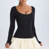 Rochie mini Delphi din modal, cu decolteu rotund, talie coborâtă și tiv bufant, în culoarea vanilie