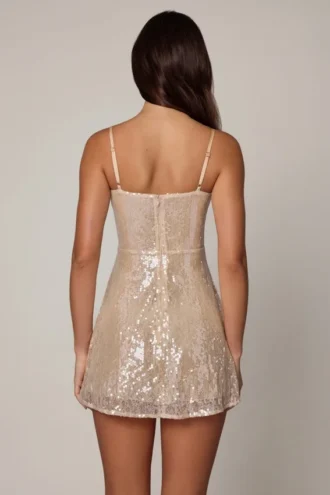 Rochie mini din dantelă cu decolteu în V și ornamente Agentha, în nuanța Pale Peach