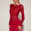 Rochie mini din dantelă transparentă cu gât barcă Eirlys, în roșu intens Rochie mini din dantelă transparentă cu gât barcă Eirlys, în roșu intens