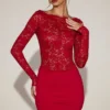 Rochie mini din dantelă transparentă cu gât barcă Eirlys, în roșu intens Rochie mini din dantelă transparentă cu gât barcă Eirlys, în roșu intens