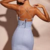 Rochie mini din in cu spate încrustat cu dantelă Giovana, în culoarea gri cer Rochie mini din in cu spate încrustat cu dantelă Giovana, în culoarea gri cer