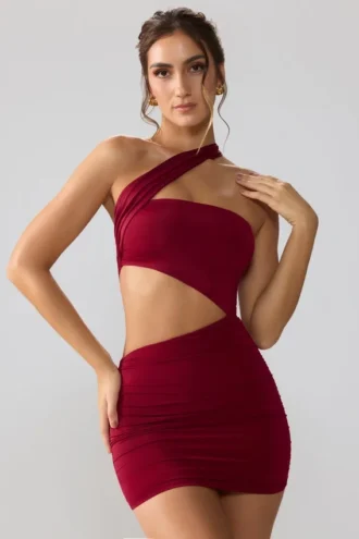 Rochie mini din jersey elastic cu decupaje și volane Shyla, culoare rubiniu