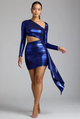 Rochie mini din jersey metalic cu decupaje Nasira, albastru electric