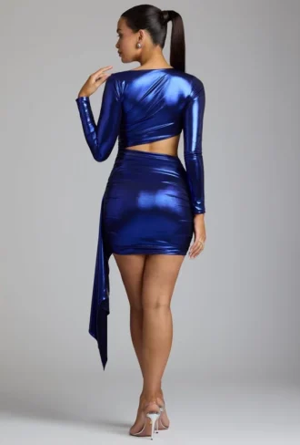 Rochie mini din jersey metalic cu decupaje Nasira, albastru electric