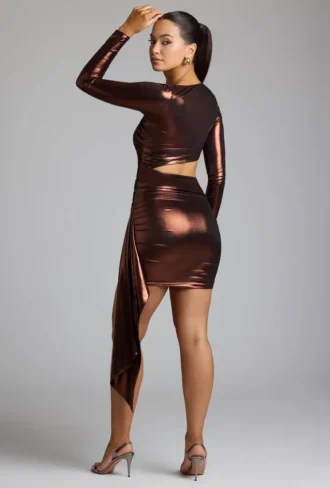 Rochie mini din jersey metalic cu decupaje Nasira, în culoarea bronz cupru