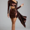 Rochie mini din jersey metalic cu decupaje Nasira, în culoarea bronz cupru