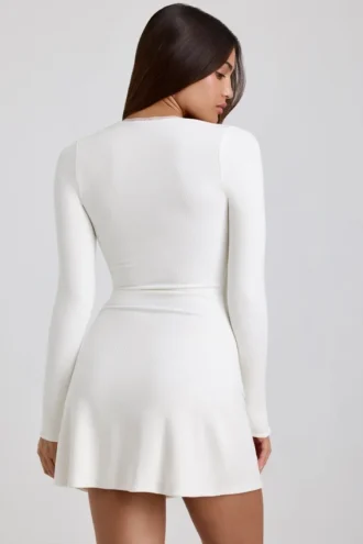 Rochie mini din modal cu bordură din dantelă, cu nervuri, Lana, în culoarea alb