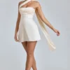 Rochie mini din satin cu gât drapat Anastasia, culoare ivoriu