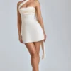 Rochie mini din satin cu gât drapat Anastasia, culoare ivoriu