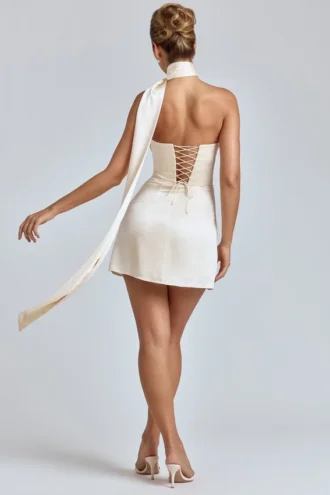 Rochie mini din satin cu gât drapat Anastasia, culoare ivoriu