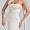 Rochie mini din satin cu gât drapat Anastasia, culoare ivoriu