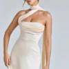 Rochie mini din satin cu gât drapat Anastasia, culoare ivoriu