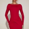 Rochie mini drapată cu guler barcă din jersey moale Briallen, în roșu intens Rochie mini drapată cu guler barcă din jersey moale Briallen, în roșu intens