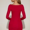 Rochie mini drapată cu guler barcă din jersey moale Briallen, în roșu intens Rochie mini drapată cu guler barcă din jersey moale Briallen, în roșu intens