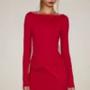 Rochie mini drapată cu guler barcă din jersey moale Briallen, în roșu intens Rochie mini drapată cu guler barcă din jersey moale Briallen, în roșu intens