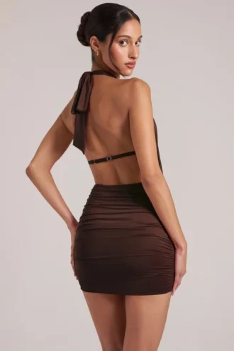 Rochie mini drapată cu guler Kael, culoare maro ciocolată