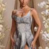 Rochie mini drapată cu guler în A, model Aspen, cu imprimeu gri Rochie mini drapată cu guler în A, model Aspen, cu imprimeu gri
