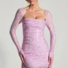 Rochie mini drapată cu guler în formă de glugă, cu ornamente, în roz bujor Rochie mini drapată cu guler în formă de glugă, cu ornamente, în roz bujor
