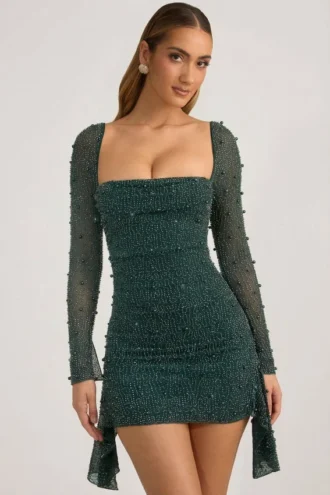 Rochie mini drapată cu guler înalt și decolteu în spate Tivoli, în verde smarald