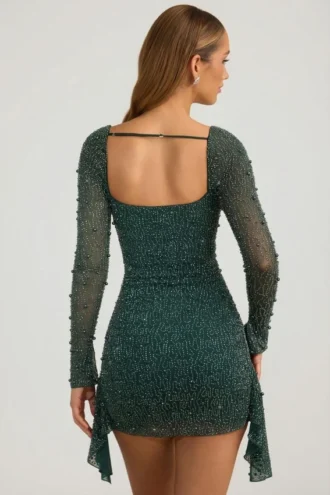 Rochie mini drapată cu guler înalt și decolteu în spate Tivoli, în verde smarald