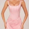 Rochie mini drapată cu șireturi Lia, în roz pudrat Rochie mini drapată cu șireturi Lia, în roz pudrat
